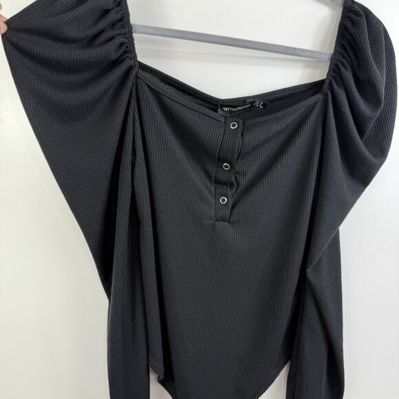 New Ribbed Bodysuit PrettyLittleThing Black Long Puff Sleeve US 8 Square Neck - Picture 5 of 15